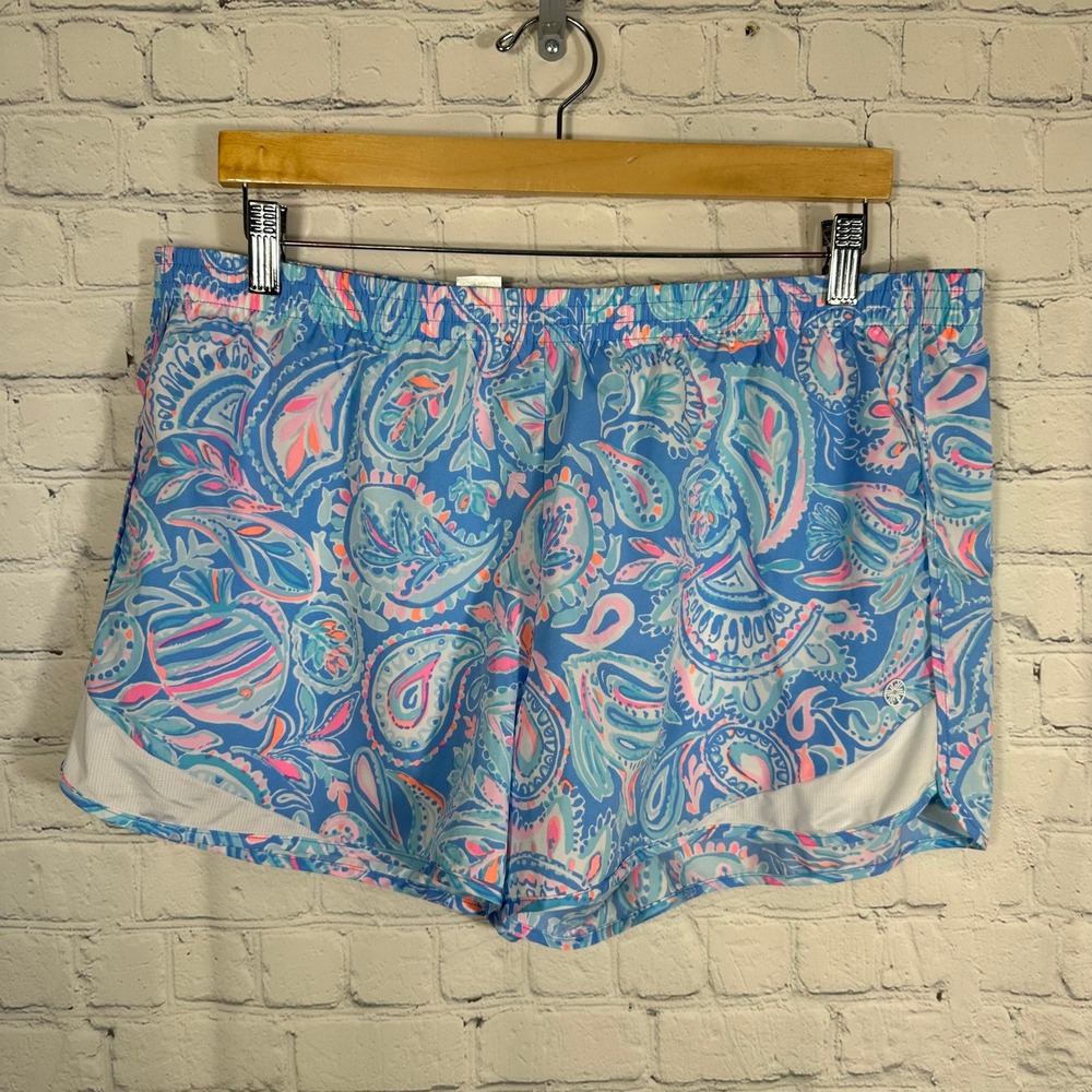 Lilly Pulitzer Luxletic Ocean Trail Shorts XL Blue Pink Paisley Running 001485